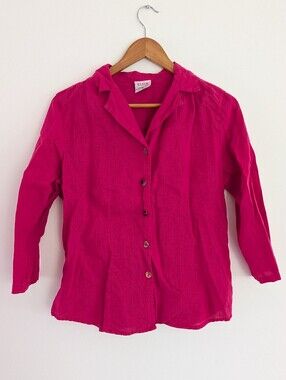 Click Linen Three Quarter Sleeve Button Down Shirt Pink Size Small